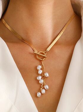 Imitation Pearl Tassel Flat Snake Bone Necklace For Women Fa