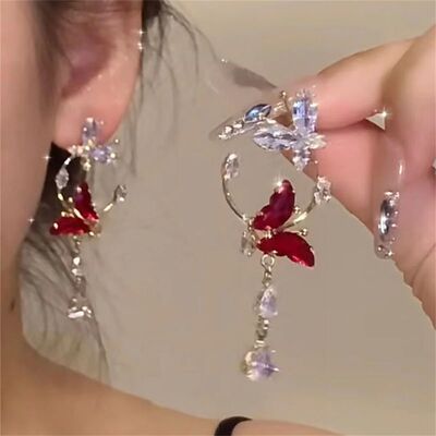 Delicate Red Zircon Butterfly Tassel Drop Earrings For Women