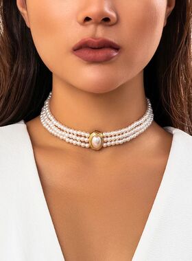 Multilayer Vintage Imitation Pearl Short Choker Necklace for