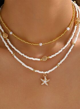 Summer Bead Stacked Choker Delicate Starfish Shell Pendant N