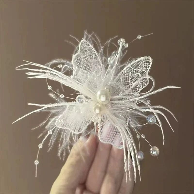White Lace Butterfly Hair Clip with Feathers Pearl Beads Ele图片