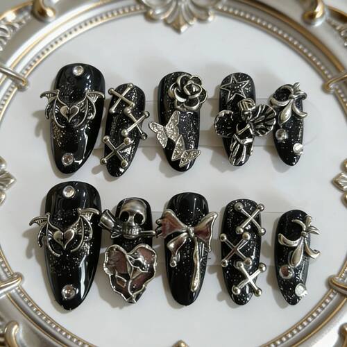10 Pieces of Hand-Pressed Almond-Shaped Nails, Beautiful Fak