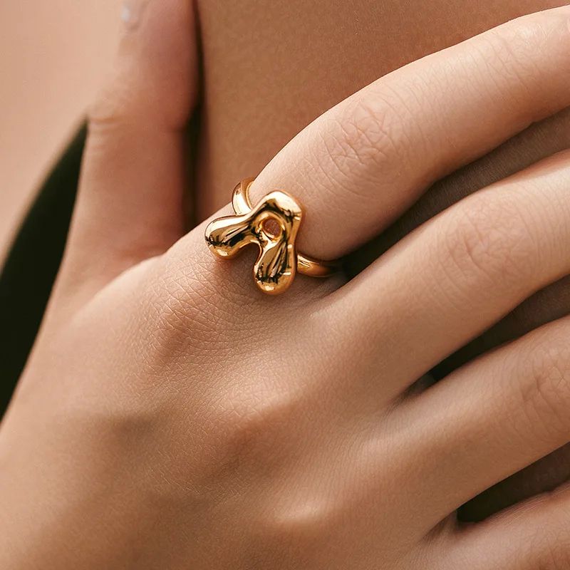 Gold Color Cute Bubble Letters Rings For Women Stainless Ste