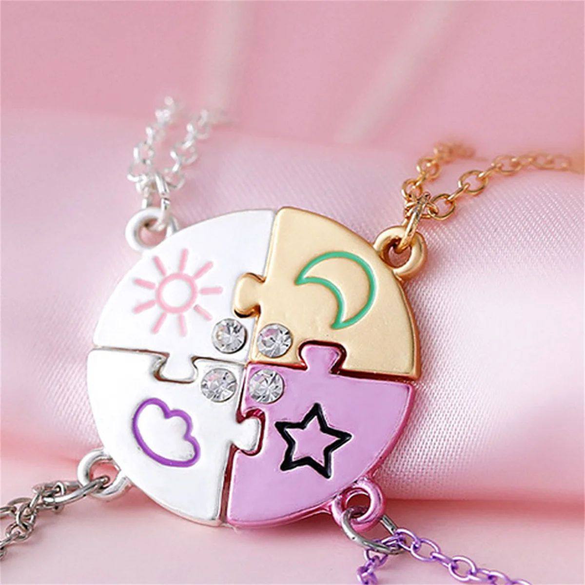 4pcs Kids BFF Round Necklace Set - Colorful Sun, Moon, Stars