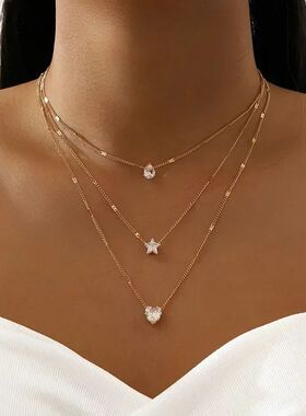 Multilayer Pendant Necklace on Neck Chain Women Crystal Zirc