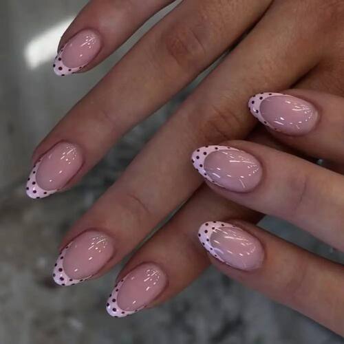 Cute Polka Dot Pink French Simple Nail Art Summer Short Almo