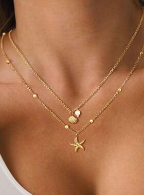Women Shell Necklace 14k Gold Plated Stainless Steel Layered