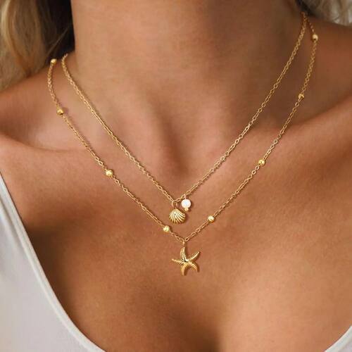 Women Shell Necklace 14k Gold Plated Stainless Steel Layered