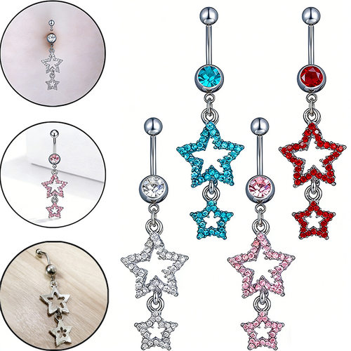 Simple Stainless Steel Belly Button Ring Rhinestone Double F