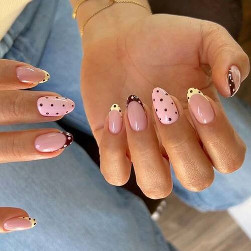Color Blocking French Polka Dot Nail Art SummerShort Almond