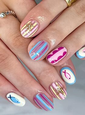 24pcs Ocean Fish Pattern Full Cover Nail Art Summer Day Shor
