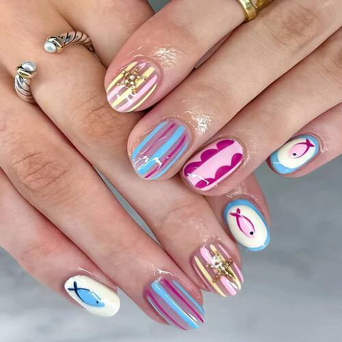 24pcs Ocean Fish Pattern Full Cover Nail Art Summer Day Shor