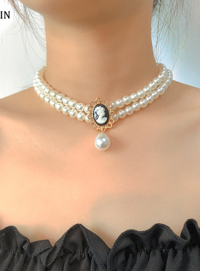 Layered Short Pearl Choker Necklace for Women White Beads Ne