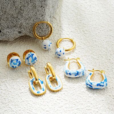 Fashion White and Blue Enamel Flower Round Beads Hoop Earrin