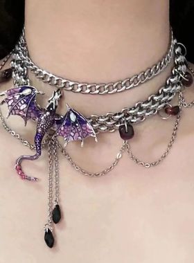 Goth Purple Flying Dragon Choker Necklace For Women Crystal