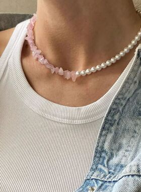 Elegant imitate Pearl Pink Stone Chain Choker Necklace For G