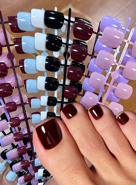 144pcs Mixed Color Short Square False Toe Nails Wine Red, Ba
