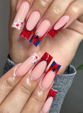24pcs Halloween Spider Fake Nail Patch Printed French Coffin