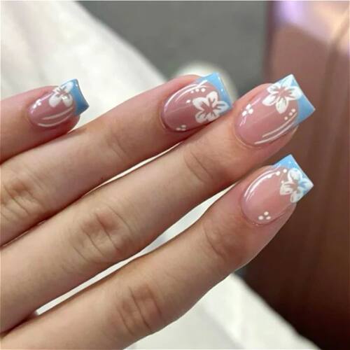 White Flowers Blue French Short Square Nail Art Spring Summe