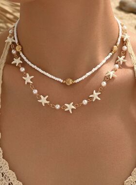 Boho 2 Layered Starfish Seashell Pearl Beaded Choker Necklac