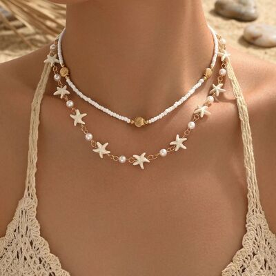 Boho 2 Layered Starfish Seashell Pearl Beaded Choker Necklac