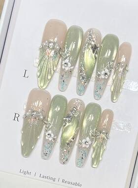 10pcs Long Almond Fake Nails Tips With Green Cat's Eye Handm