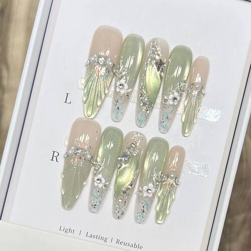 10pcs Long Almond Fake Nails Tips With Green Cat's Eye Handm