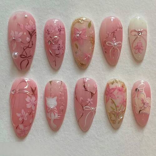 24Pcs Pink Gradient Almond Fake Nails Press on With Pearl Rh