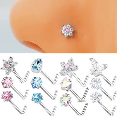3PC Stainless Steel Flower Nose Piercing Stud Set L Shape Pi
