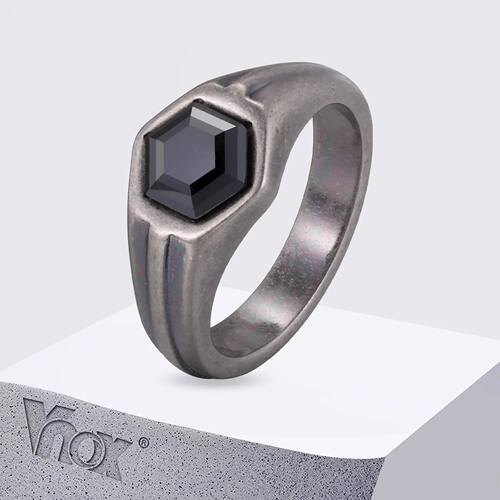 Vnox Hexagon Black Zircon Ring for Men, Gray Stainless Steel