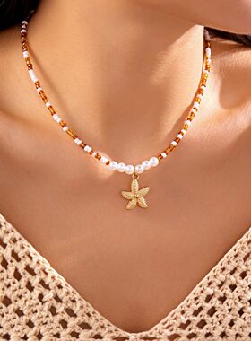 Bohemian Rice Beads Starfish Pendant Necklace for Women Hand