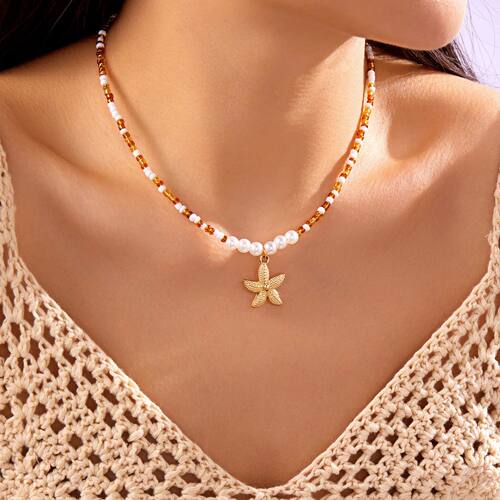 Bohemian Rice Beads Starfish Pendant Necklace for Women Hand