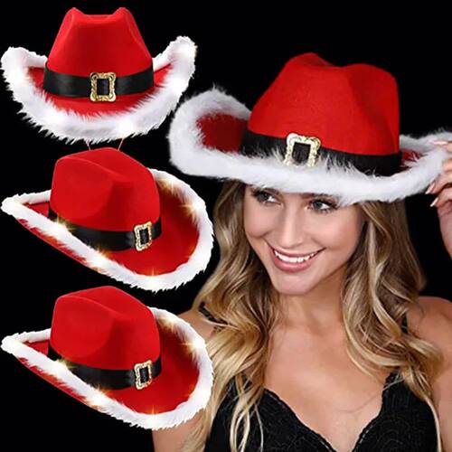 Santa Claus Party Christmas Luminous Cowboy Hat Western Red