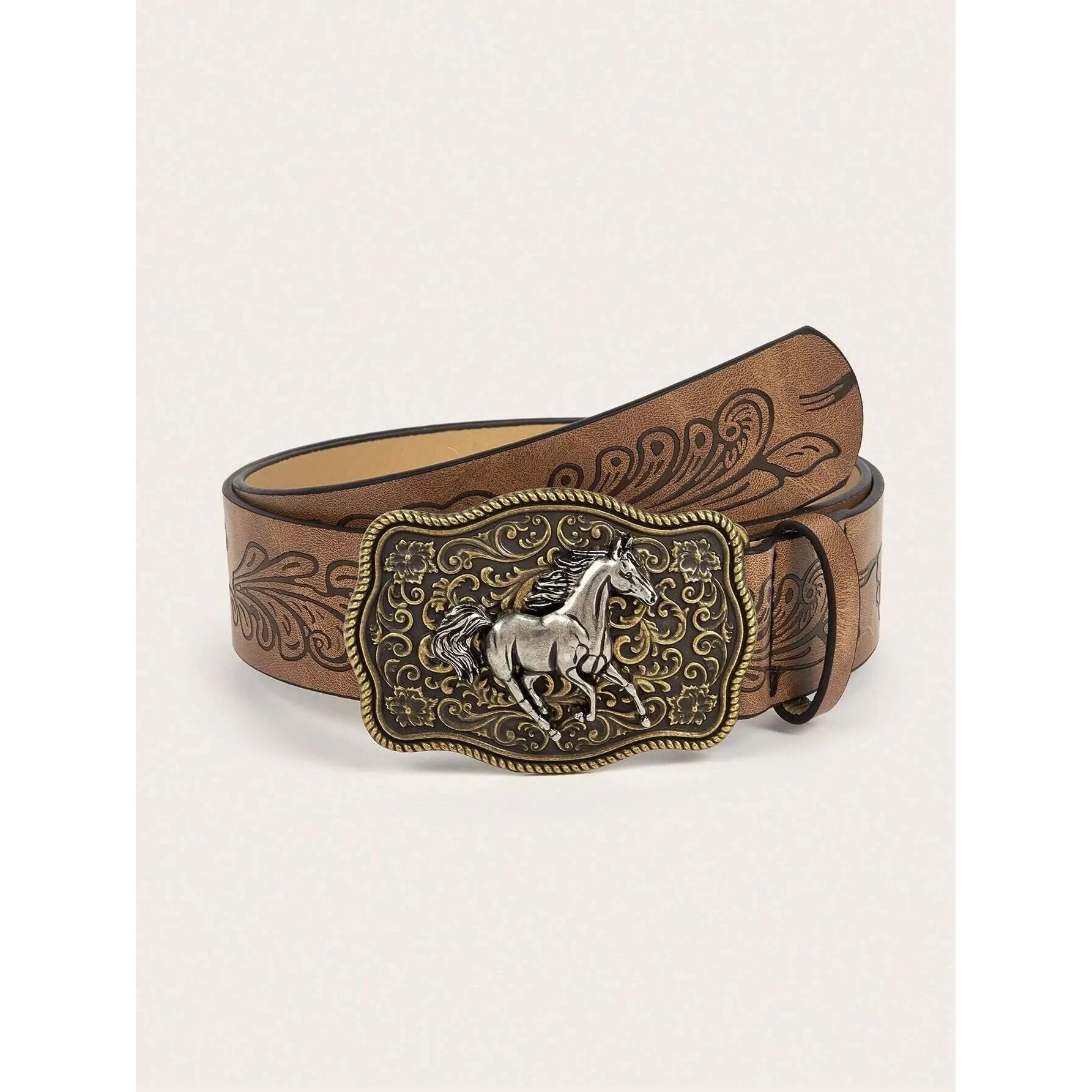 1pc Women's Western Cowgirl Antique Gold Buckle Printed Belt