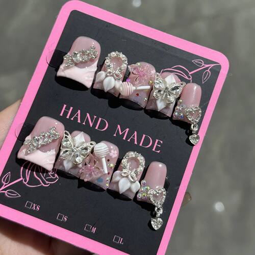 10pcs Short Duck Bill Press on Nails 3D Butterfly Flower Fal