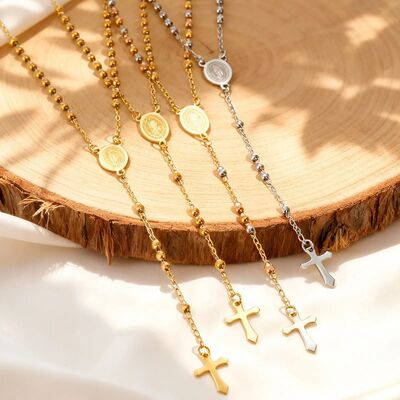 Rosary Virgin Cross Drop Y-shaped Necklace for Women,Stainle