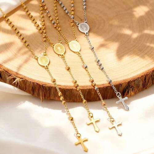 Rosary Virgin Cross Drop Y-shaped Necklace for Women,Stainle