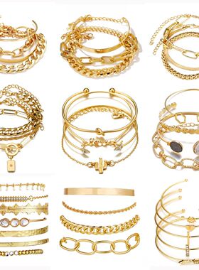 Bohemian Metal Chain Bracelet Set For Women Geometric Gold C