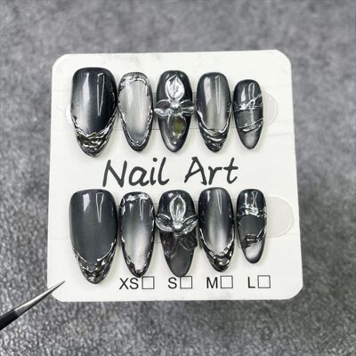 10Pcs Black Cat Eye Almond Handmade Press on Nails 3D Flower