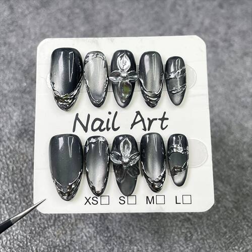 10Pcs Black Cat Eye Almond Handmade Press on Nails 3D Flower
