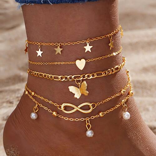 Gold Color Vintage Butterfly Anklet Set For Women Multilayer