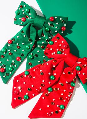 New Christmas Elements Bow Hairpin Women'sNail Diamond Pearl