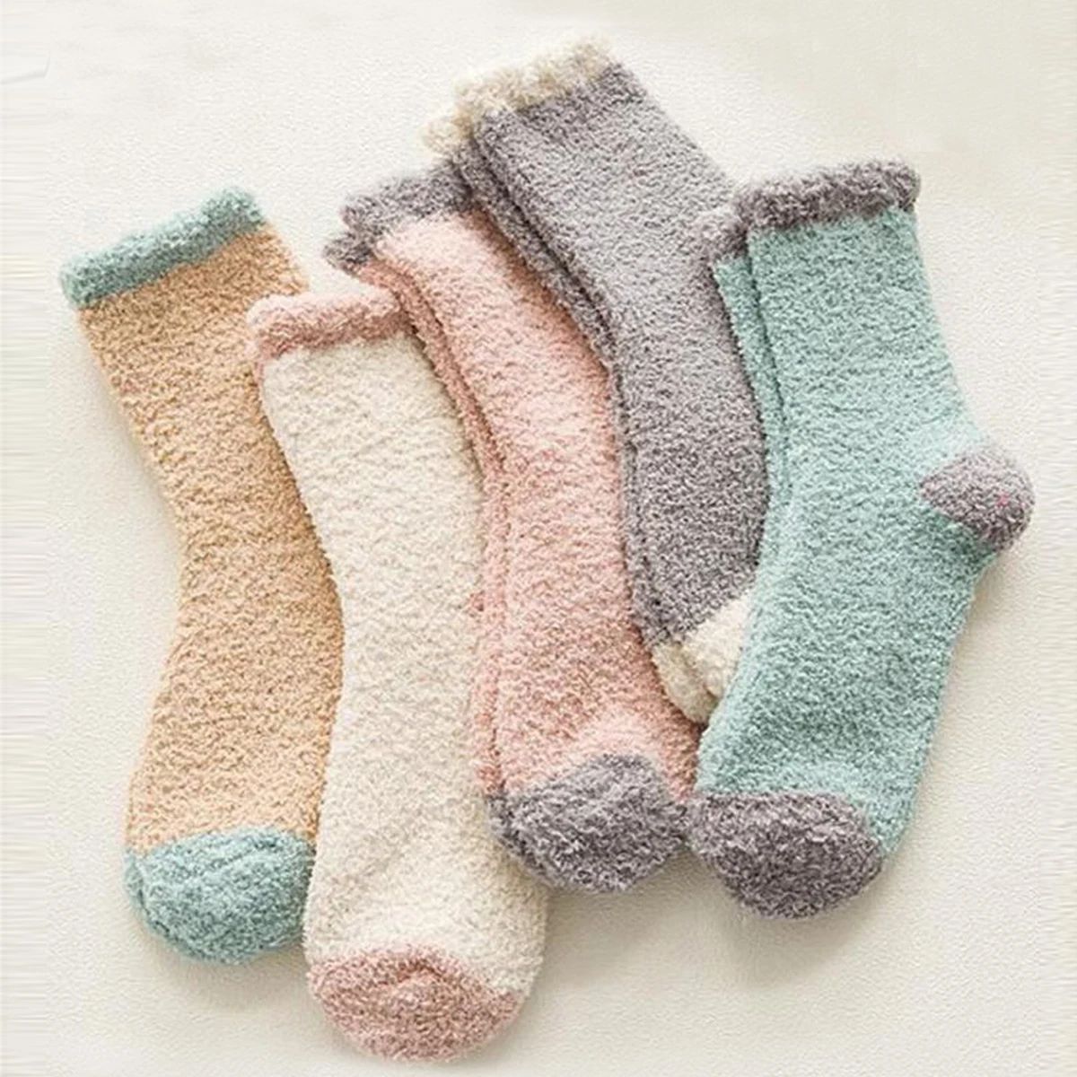 5 Pairs Women's Bed Socks Block Color Fluffy Warm Winter Chr