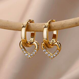 Earrings Gold Hollow Heart Stainless Steel Women Zircon For