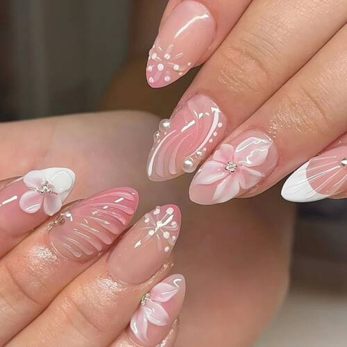 Pearl Rhinestone Silver Bead 3D Flowers Nail Art Summer Shor