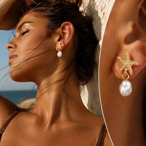 Summer Starfish Imitation Pearl Drop Earrings for Women Fash