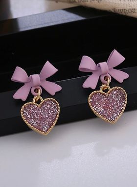 Elegant Purple Crystal Heart Dangle EarringsLovely Bow Drop