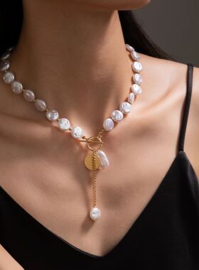New Simple Metal Imitation Pearl Beaded Pendant Necklace Moo