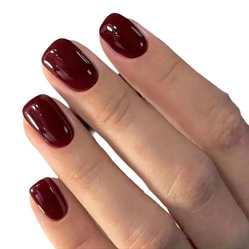 24Pcs Solid Color Wine Red Design Press on Nail Short Square