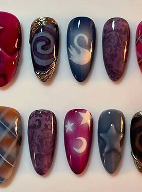 24pcs Y2k AlmondFake Nails Moon Star Style Swan Pattern Swee